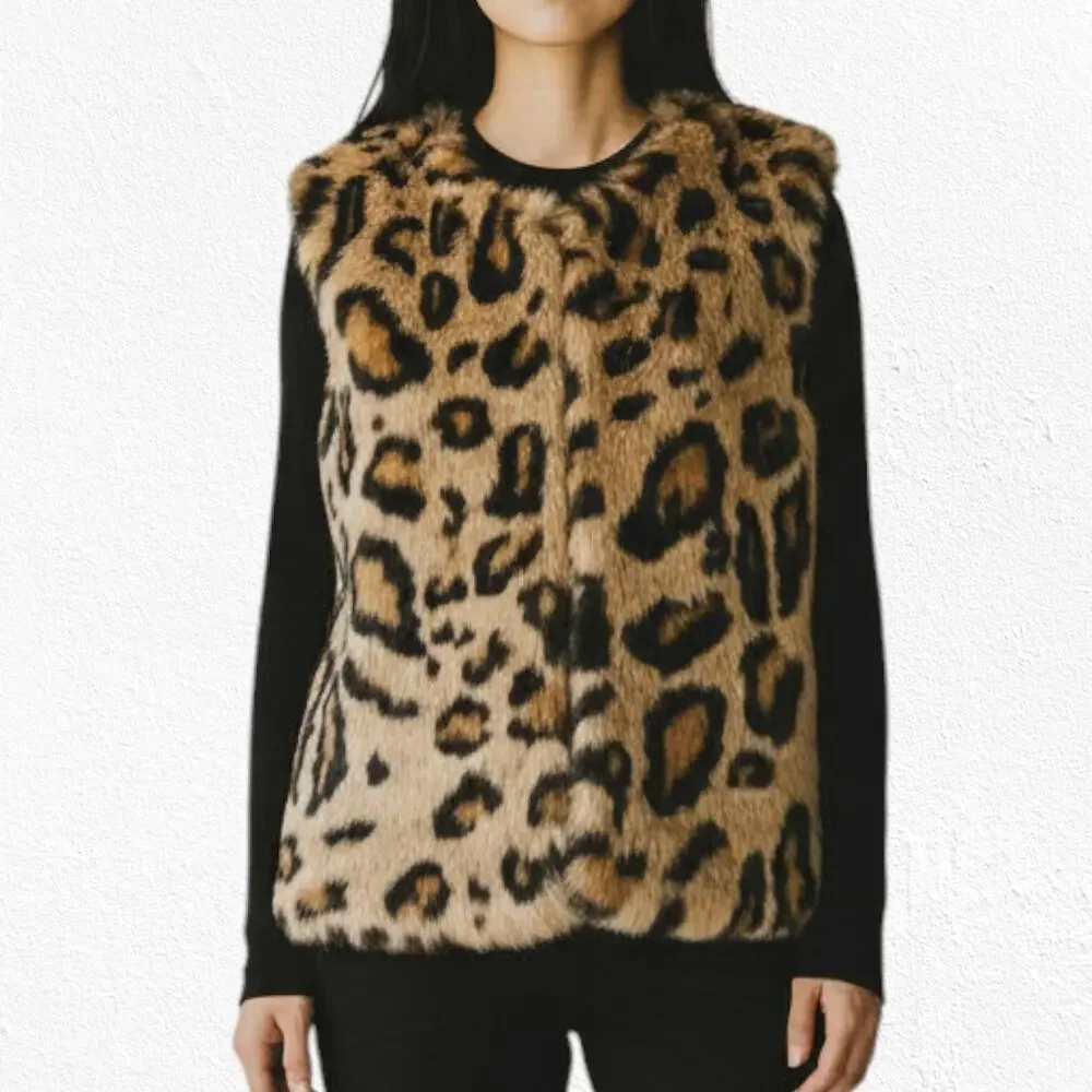 Romeo Juliet Couture Faux Fur Leopard Animal Print Vest with Pockets Size Small - Picture 3 of 10